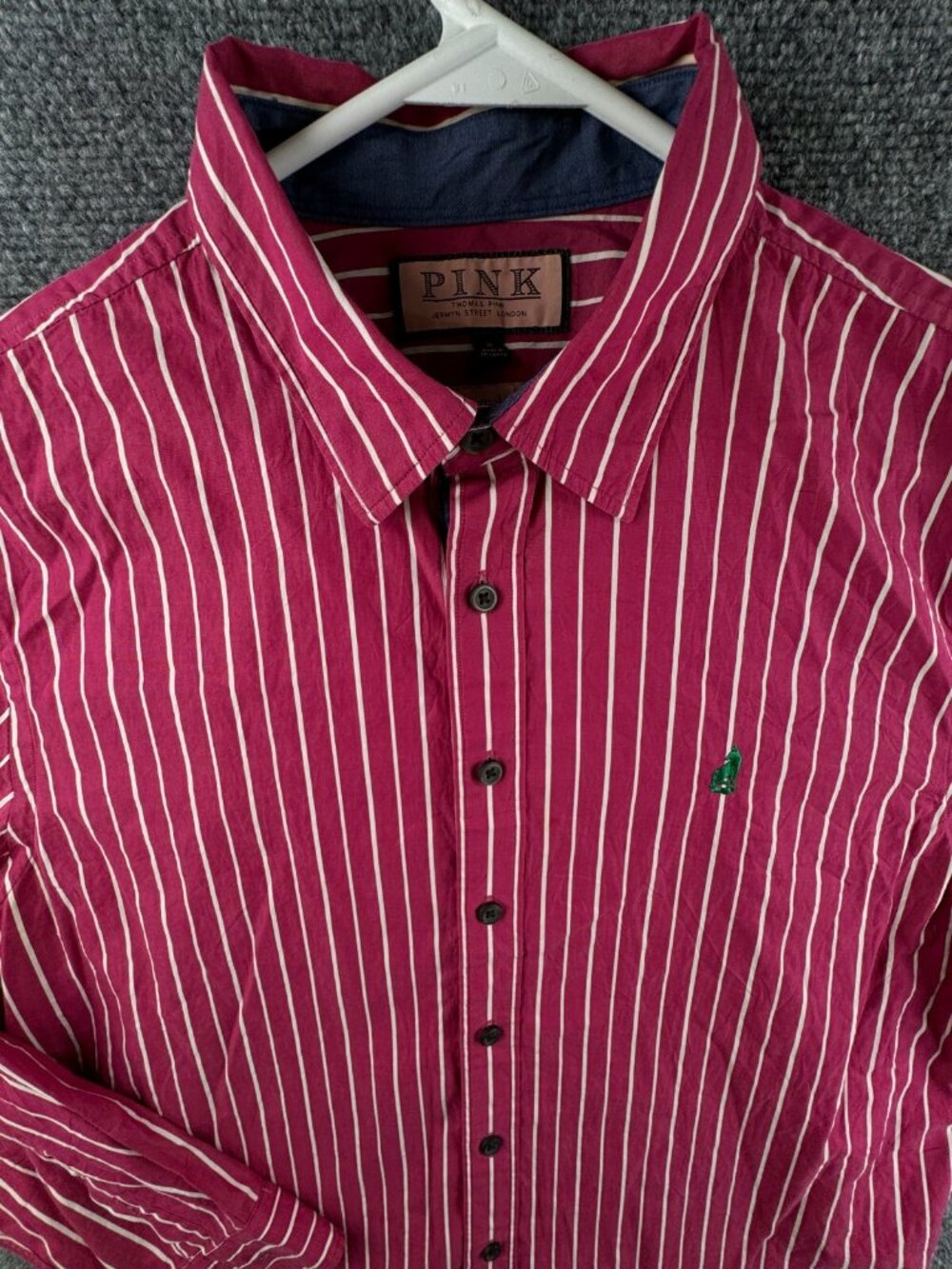 Thomas Pink Men Long Sleeve Button Up Shirt Striped Red Medium Fox Logo Casual